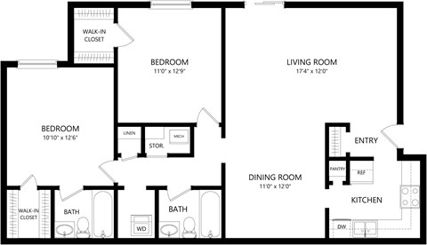 Floor plan for 2 beds, 2 baths, 997 sqft