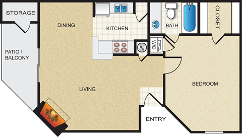 Floor plan for 1 bed, 1 bath, 694 sqft
