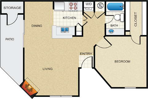 Floor plan for 1 bed, 1 bath, 707 sqft