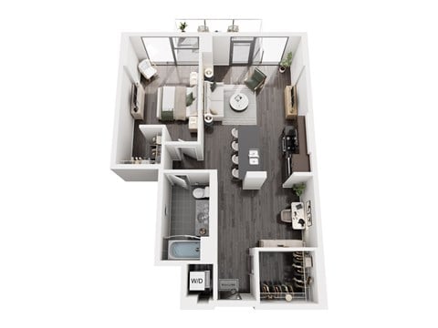 Floor plan for 1 bed, 1 bath, 844 sqft