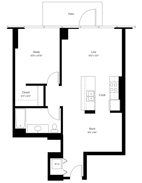 Floor plan for 1 bed, 1 bath, 810 sqft