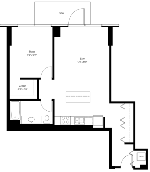 Floor plan for 1 bed, 1 bath, 842 sqft