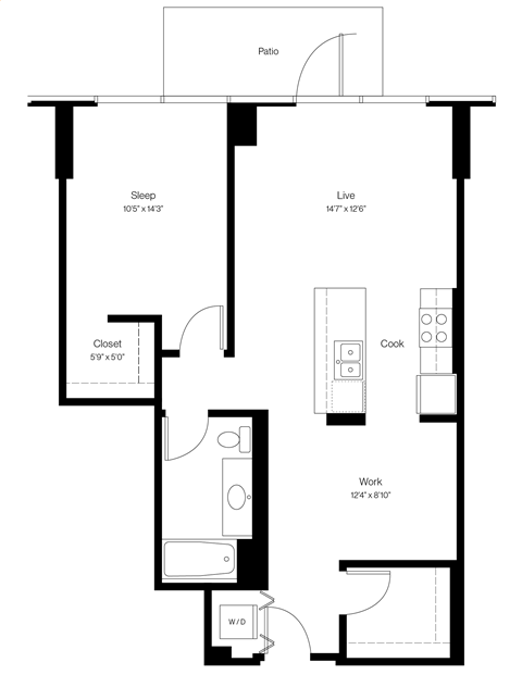 Floor plan for 1 bed, 1 bath, 844 sqft