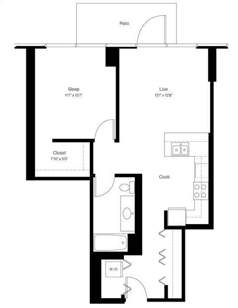 Floor plan for 1 bed, 1 bath, 785 sqft