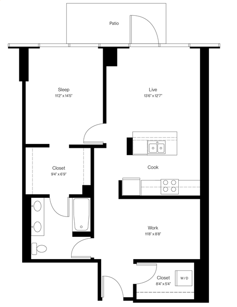 Floor plan for 1 bed, 1 bath, 910 sqft