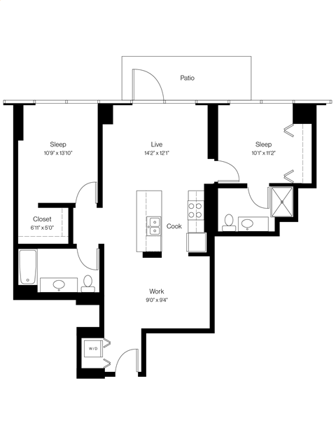 Floor plan for 2 beds, 2 baths, 1042 sqft