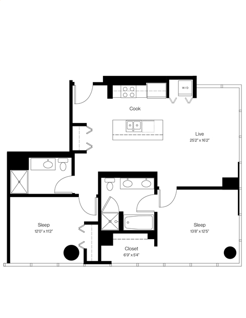 Floor plan for 2 beds, 2 baths, 1117 sqft