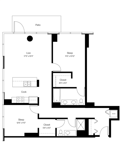 Floor plan for 2 beds, 2 baths, 1202 sqft