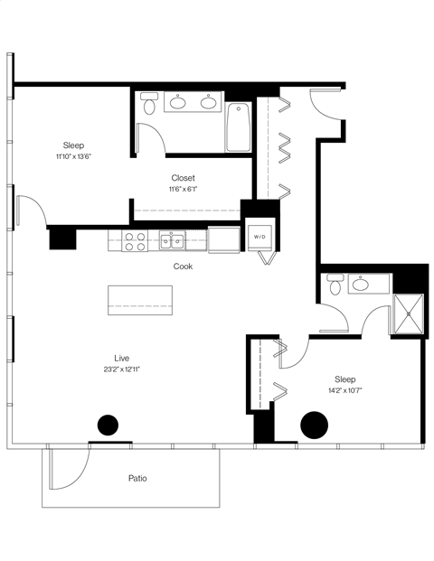Floor plan for 2 beds, 2 baths, 1272 sqft