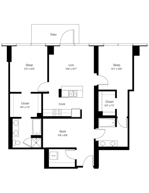 Floor plan for 2 beds, 2 baths, 1237 sqft