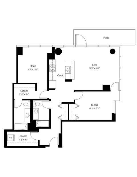 Floor plan for 2 beds, 2 baths, 1242 sqft