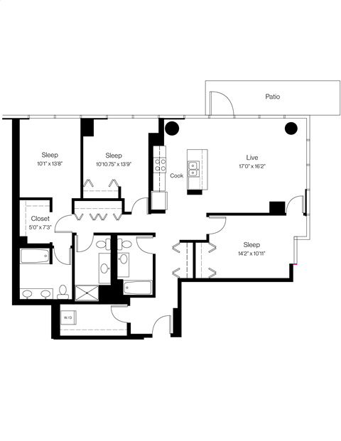 Floor plan for 3 beds, 3 baths, 1570 sqft