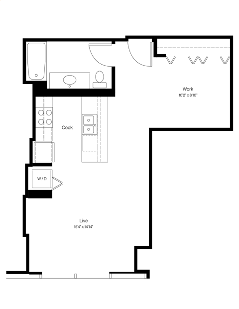 Floor plan for studio, 1 bath, 594 sqft