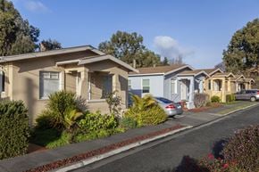 San Leandro apartment for rent - a row of houses with cars parked in front of them with lush greenery