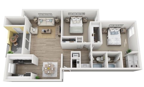 Floor plan for 2 beds, 2 baths, 1005 sqft