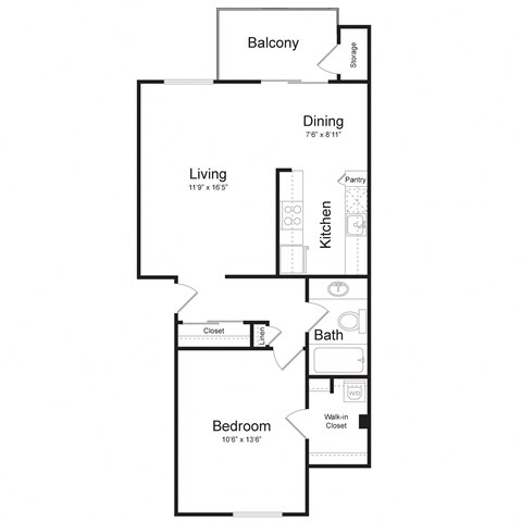 Floor plan for 1 bed, 1 bath, 730 sqft