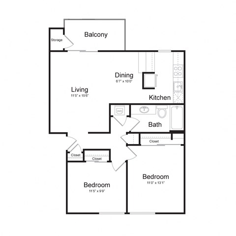 Floor plan for 2 beds, 1 bath, 915 sqft