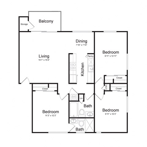 Floor plan for 3 beds, 2 baths, 1125 sqft