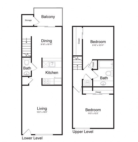 Floor plan for 2 beds, 1.5 baths, 1080 sqft