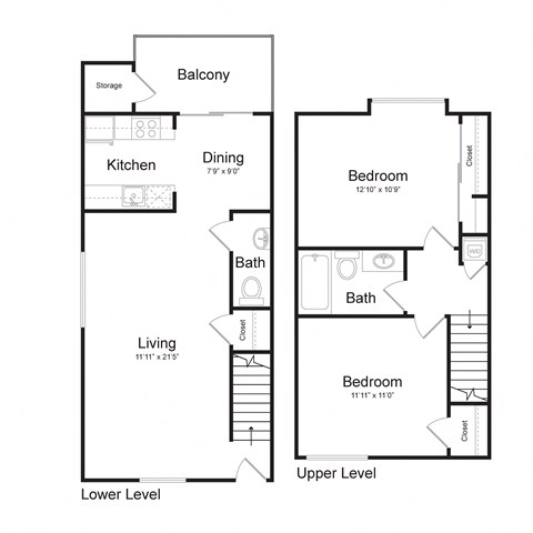 Floor plan for 2 beds, 1.5 baths, 1088 sqft