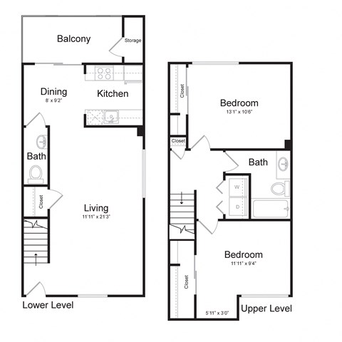 Floor plan for 2 beds, 1.5 baths, 1098 sqft