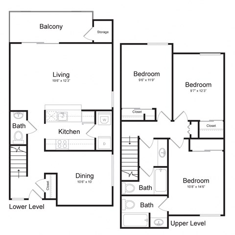Floor plan for 3 beds, 3 baths, 1260 sqft