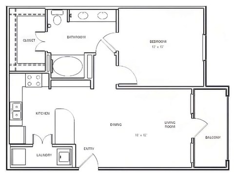 Floor plan for 1 bed, 1 bath, 740 sqft