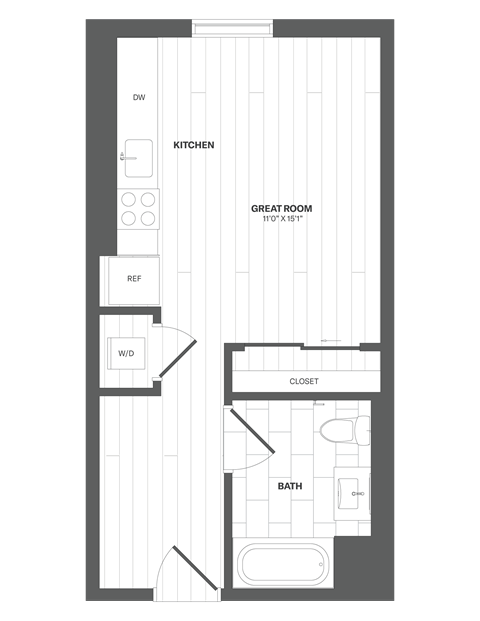 Floor plan for studio, 1 bath, 411 sqft