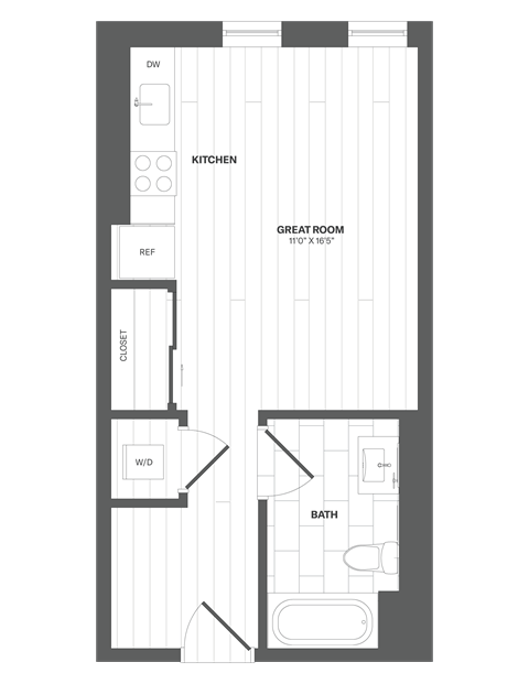 Floor plan for studio, 1 bath, 411 sqft