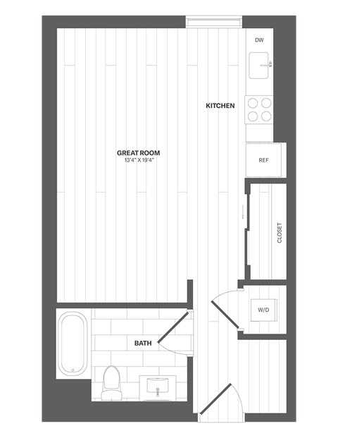 Floor plan for studio, 1 bath, 504 sqft