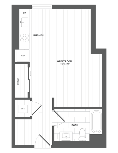 Floor plan for studio, 1 bath, 519 sqft