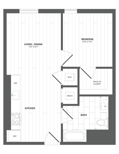 Floor plan for 1 bed, 1 bath, 652 sqft