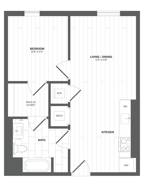 Floor plan for 1 bed, 1 bath, 652 sqft