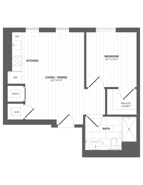 Floor plan for 1 bed, 1 bath, 586 sqft