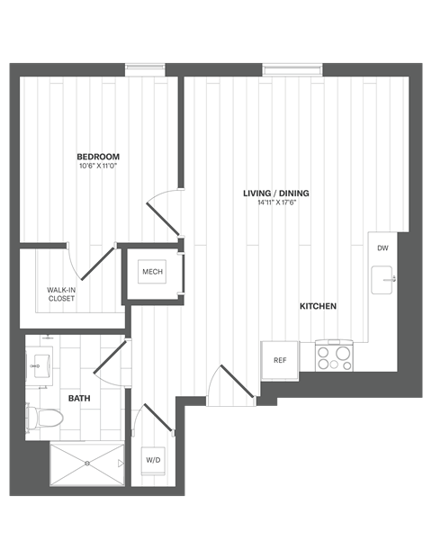 Floor plan for 1 bed, 1 bath, 660 sqft
