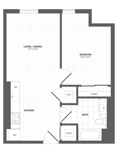 Floor plan for 1 bed, 1 bath, 648 sqft