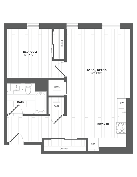Floor plan for 1 bed, 1 bath, 779 sqft
