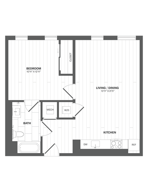 Floor plan for 1 bed, 1 bath, 742 sqft