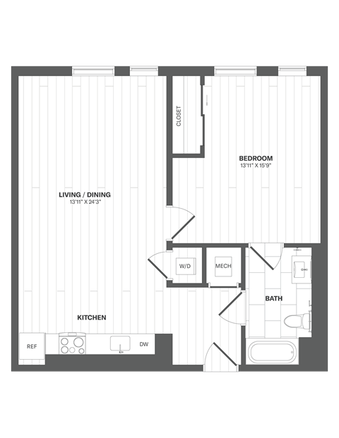 Floor plan for 1 bed, 1 bath, 822 sqft