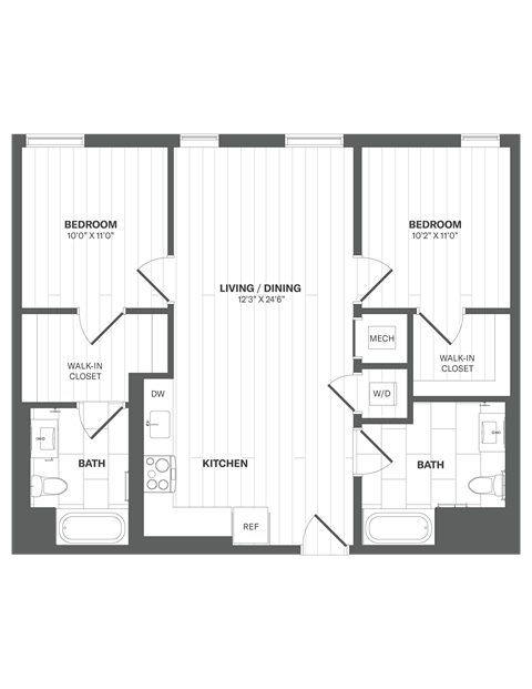 Floor plan for 2 beds, 2 baths, 964 sqft