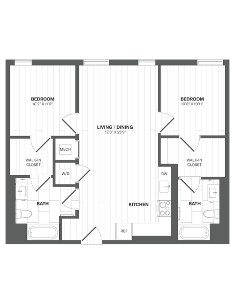 Floor plan for 2 beds, 2 baths, 964 sqft