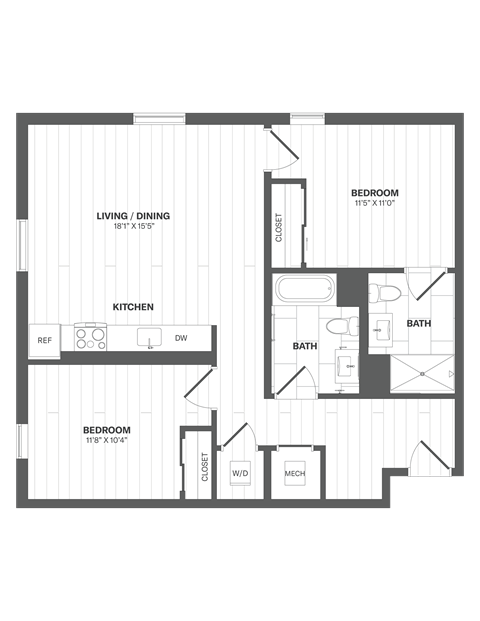 Floor plan for 2 beds, 2 baths, 979 sqft