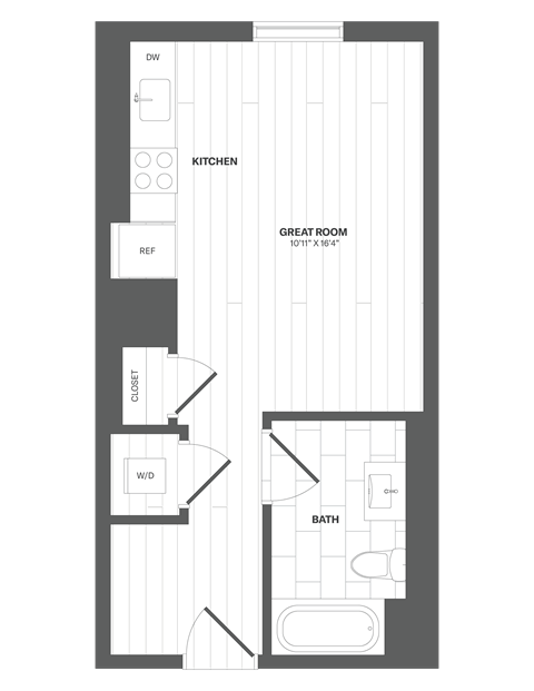 Floor plan for studio, 1 bath, 411 sqft
