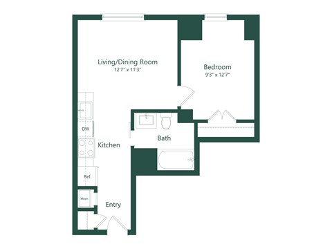 Floor plan for 1 bed, 1 bath, 601 sqft