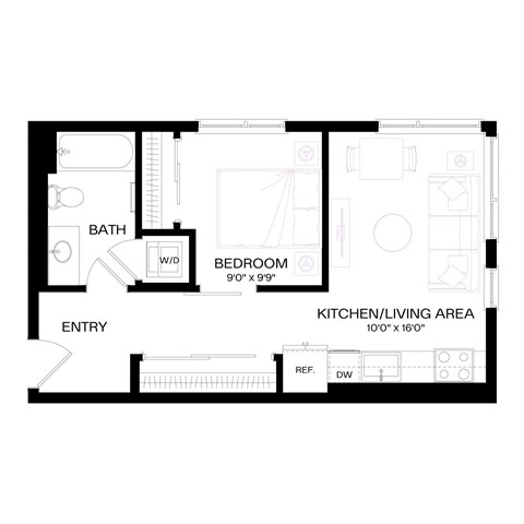 Floor plan for 1 bed, 1 bath, 535 sqft