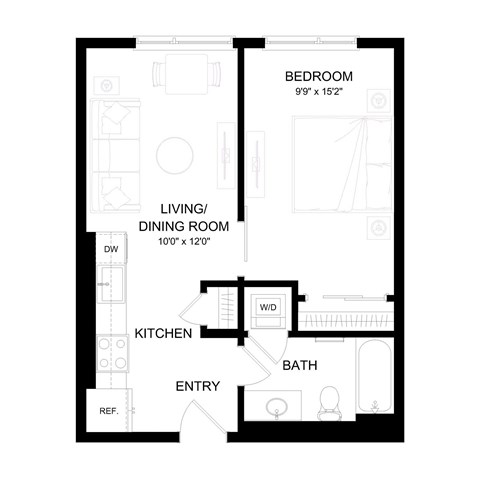 Floor plan for 1 bed, 1 bath, 523 sqft