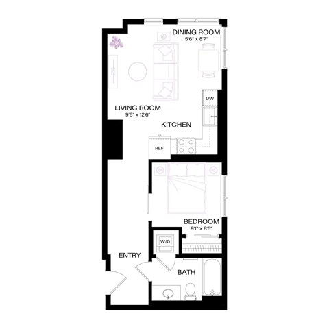 Floor plan for 1 bed, 1 bath, 564 sqft