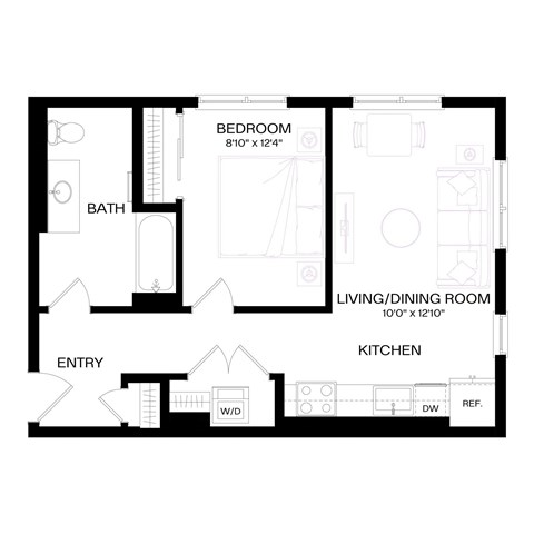 Floor plan for 1 bed, 1 bath, 514 sqft