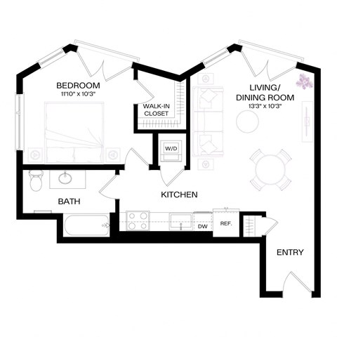 Floor plan for 1 bed, 1 bath, 637 sqft