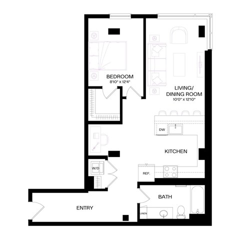 Floor plan for 1 bed, 1 bath, 816 sqft
